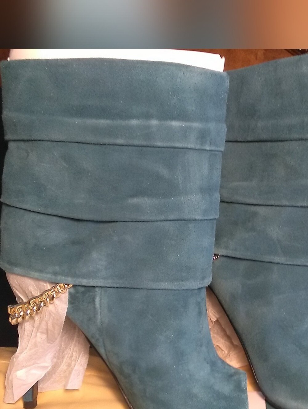 BNIB "GUESS" Suede Teal Peep-Toe Mid-Calf Booties - Women's (ADILEE) SZ. 8.5 M